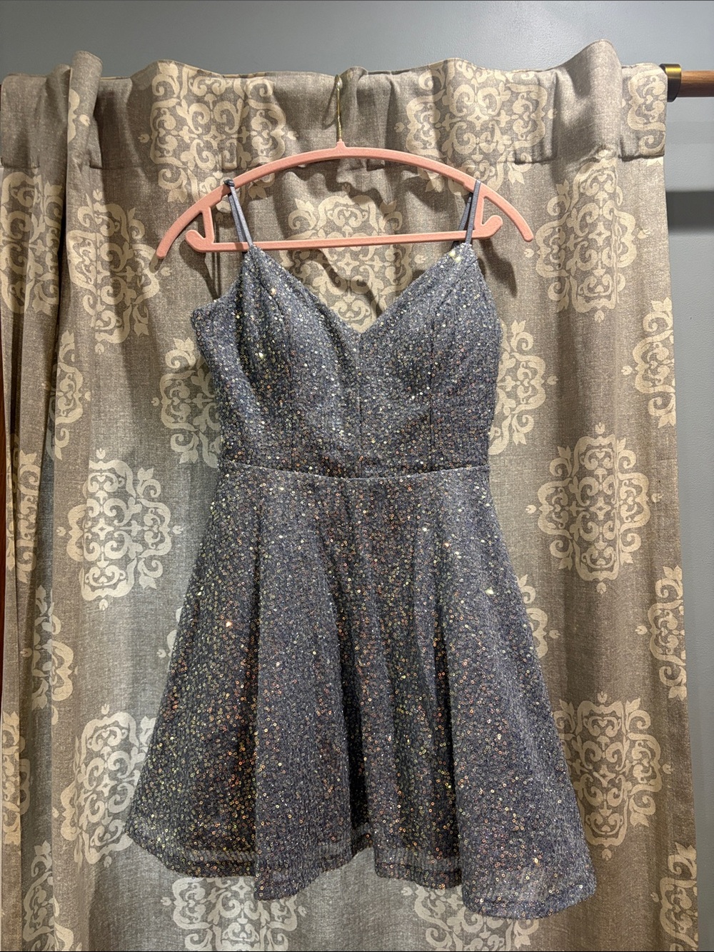 Glitter Spaghetti-Strap Mini Dress in Charcoal Sparkle
